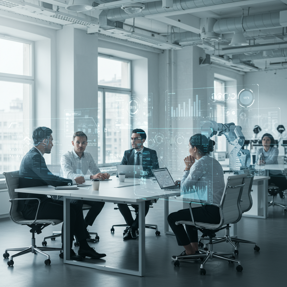 Aydınlık, çağdaş, açık plan bir ofis ortamı. Ön planda, farklı profesyonellerden oluşan bir ekip büyük bir masa etrafında işbirliği yapıyor ve paylaşılan bir ekrana bakıyor. Orta planda şeffaf, yüzen ekranlar gerçek zamanlı veri analizi, karmaşık grafikler gösteriyor ve arka planda hafifçe görünen bir robotik süreç otomasyonu (RPA) kolu rutin dijital görevleri verimli bir şekilde yerine getiriyor. Sahne, artan üretkenlik ve stratejik odaklanma için insan-yapay zeka işbirliğini gerçekçi ofis detaylarıyla vurgulamalıdır.