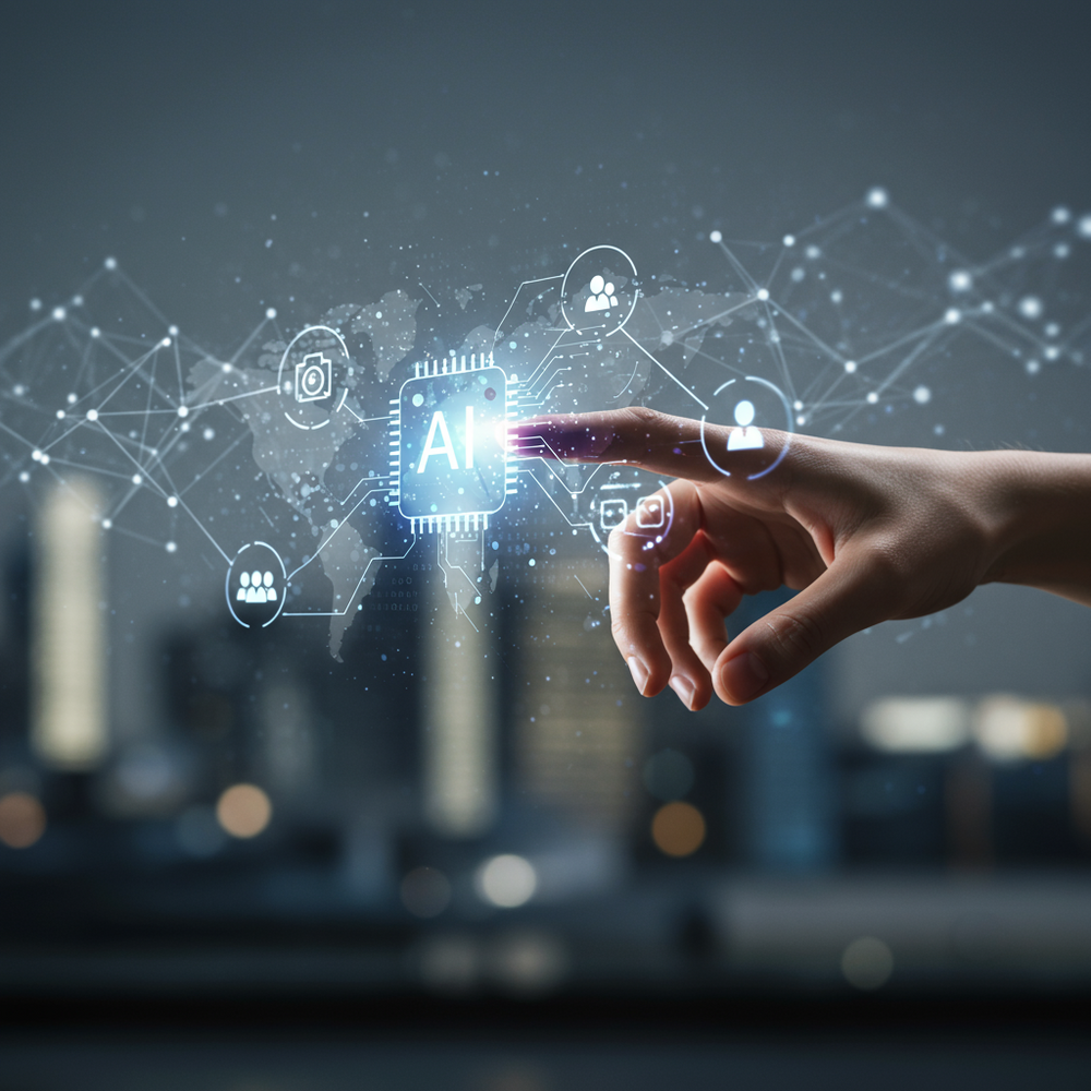 Bir kişinin eli, birbirine bağlı veri noktaları ve soyut yapay zeka algoritmalarının parlayan holografik bir projeksiyonuna nazikçe dokunuyor. Arka planda, yapay zekanın dijital çağa sorunsuz entegrasyonunu temsil eden, dijital ağ hatlarıyla yumuşak bir şekilde bulanıklaştırılmış modern, fütüristik bir şehir manzarası yer alıyor. Görsel, gerçekçi aydınlatma ve temiz, iyimser bir estetikle yenilik ve bağlantı hissi vermelidir.