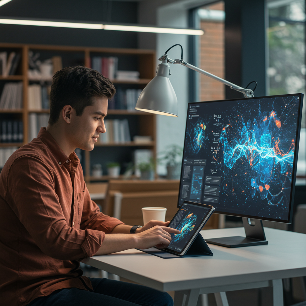 İyi aydınlatılmış, estetik açıdan hoş bir alanda (kütüphane, stüdyo veya yaratıcı çalışma alanı olabilir) modern bir masada oturan genç bir yetişkin veya öğrenci. Kişiselleştirilmiş adaptif öğrenme modülleri, karmaşık denklemler gibi eğitim içeriği ile görsel açıdan zengin yapay zeka tarafından üretilmiş sanat eserlerinin (soyut desenler, müzik notaları veya edebi alıntılar) bir karışımını gösteren bir tablet veya büyük dijital tuval ile etkileşim kuruyorlar. Sahne, gerçekçi dokular ve yumuşak aydınlatma ile yapay zekanın eğitim ve yaratıcılıkla sinerjisini, kişisel gelişimi ve yeniliği vurgulamalıdır.