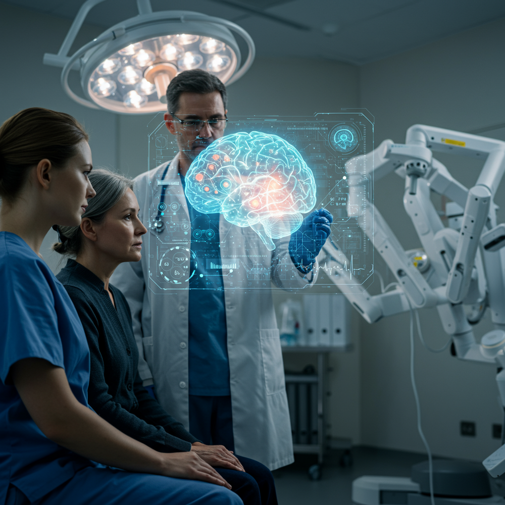 Son derece gerçekçi, sakin ve profesyonel bir tıbbi ortam. Bir doktor ve bir hasta (veya iki tıp uzmanı), yapay zeka tarafından teşhis için belirli alanları vurgulanmış, ayrıntılı, aydınlatılmış 3 boyutlu holografik bir insan organı (örn. beyin veya kalp) görüntüsünü inceliyor. Yumuşak odaklı arka planda steril, gelişmiş bir robotik cerrahi kolu hafifçe görülebiliyor. Görsel, gerçekçi, yumuşak profesyonel aydınlatma ile hassasiyet, en son teknoloji ve hasta bakımını yansıtmalıdır.