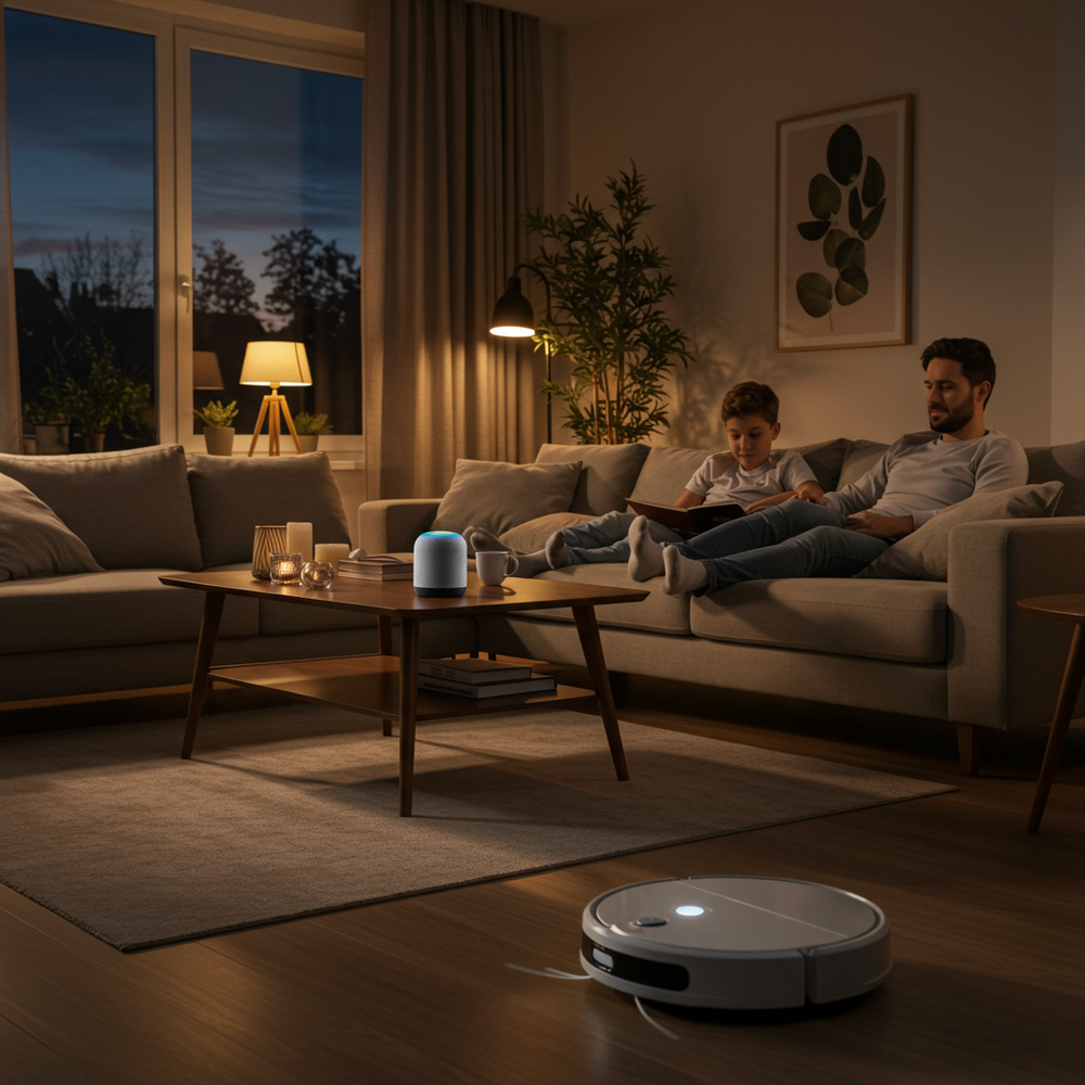 Öğleden sonra geç saatlerde veya alacakaranlıkta sıcak ve davetkar modern bir oturma odası. Bir aile (örn. ebeveynler ve bir çocuk) rahatça dinleniyor, okuma veya nazik etkileşim gibi gündelik aktivitelerle meşgul. Ortamda akıllı aydınlatma rahat bir parıltı yayıyor, bir sehpanın üzerinde şık bir sesli asistan cihazı bulunuyor ve arka planda bir robot süpürge sessizce zeminde geziniyor. Atmosfer, bunaltıcı olmadan huzurlu, zahmetsiz ve teknolojik olarak geliştirilmiş, gerçekçi olmalıdır.