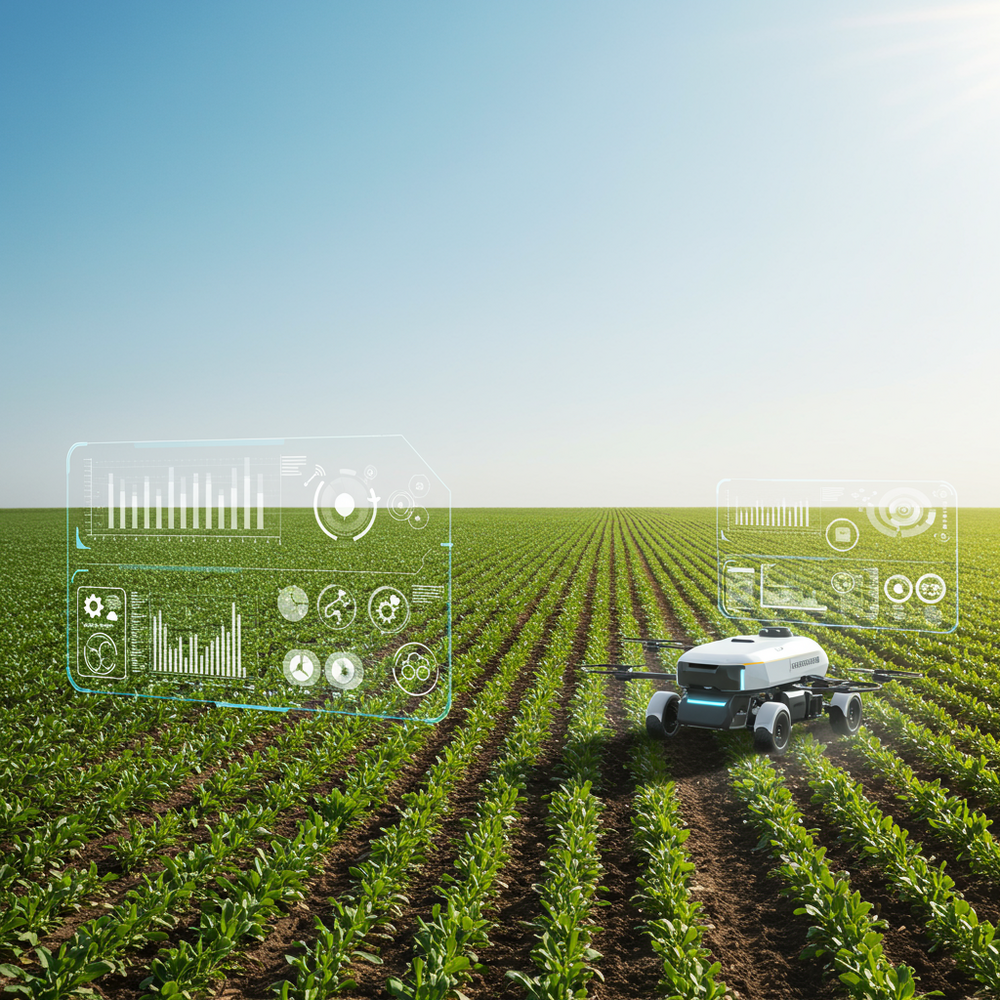 Berrak, parlak bir gökyüzü altında geniş, canlı bir tarım alanı. Ön planda, şık, otonom bir tarım robotu veya dronu, mahsulleri hassas bir şekilde izliyor veya hedeflenen sulama yapıyor. Şeffaf dijital katmanlar veya holografik arayüzler, hassas tarım konseptini sergileyen gerçek zamanlı toprak verilerini, bitki sağlığı ölçümlerini ve tahmine dayalı hava durumu modellerini hafifçe gösteriyor. Görsel, gerçekçi, doğal bir ortamda sürdürülebilirlik, verimlilik ve gelişmiş çevre yönetimini yansıtmalıdır.