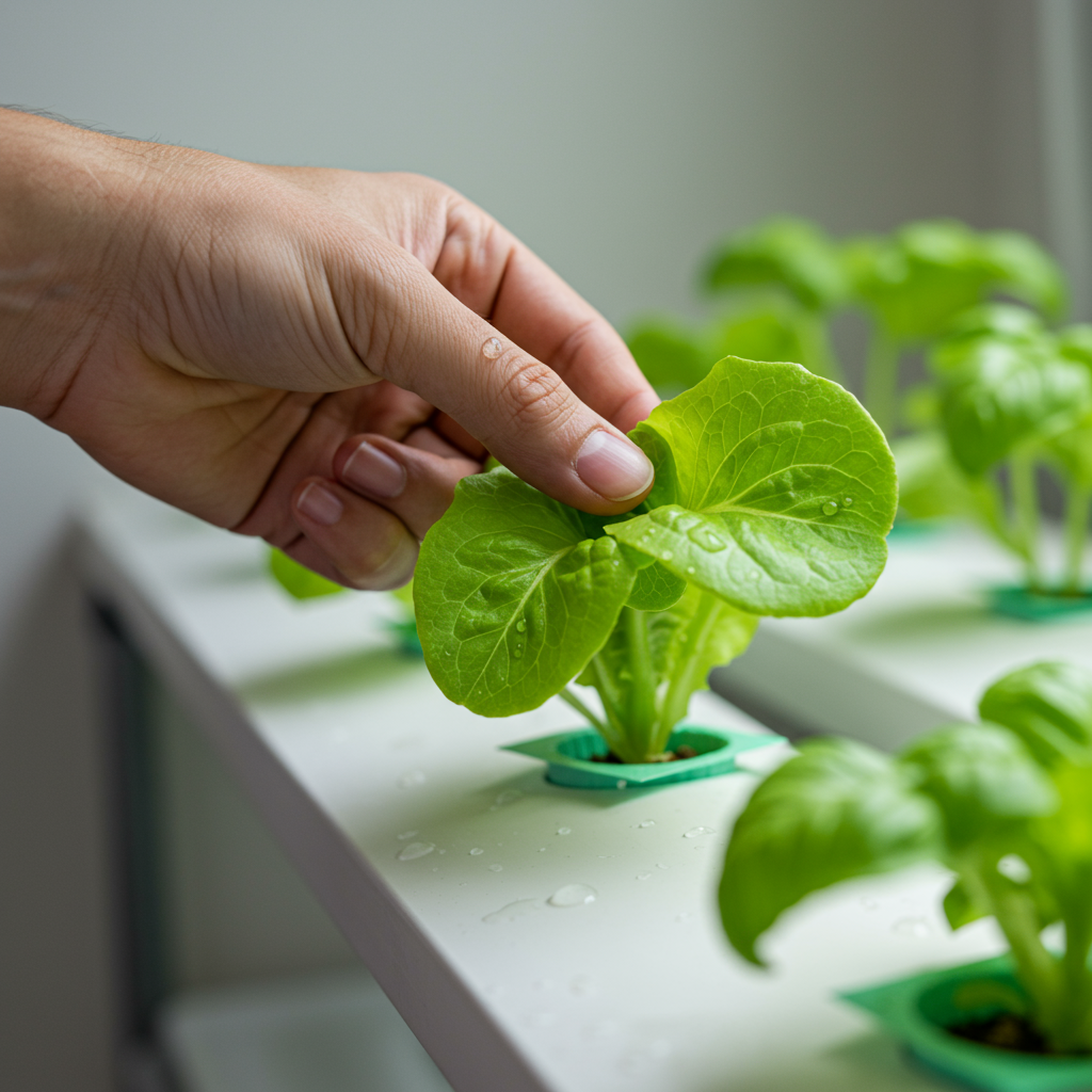A gentle, clean shot of a hand (male or female, light skin tone) carefully plucking a vibrant green leaf (e.g., from a head of butter lettuce or a basil plant) from a home hydroponic system. Water droplets might be visible on the leaves, indicating freshness. The focus is on the hand and the plant, with the rest of the hydroponic system slightly blurred in the background, hinting at its context. The overall mood is one of ease, freshness, and immediate gratification from homegrown food, realistic and minimal.