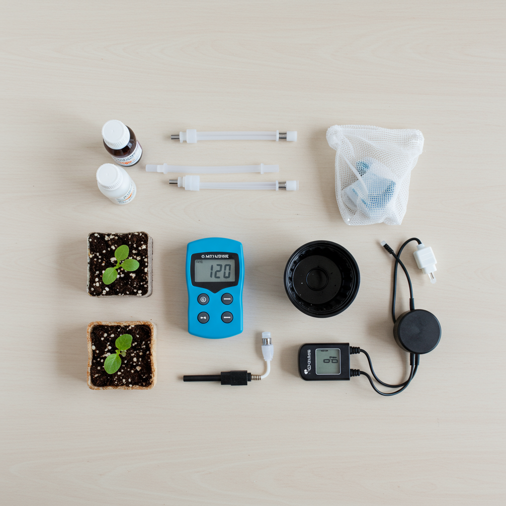A top-down or slightly elevated shot showcasing the essential, neatly arranged components for a basic DIY home hydroponic system on a clean, light-colored table or workbench. Items include: a small rockwool cube with a tiny seedling, a small bottle of liquid hydroponic nutrients, a digital pH meter, a small air pump and air stone, and maybe a small plastic net pot. The background is simple and uncluttered, emphasizing the accessibility and simplicity of setting up a system, realistic and minimal.