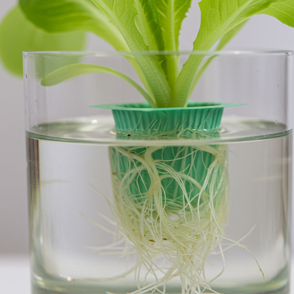 A close-up, macro shot focusing on the healthy, pristine white roots of a small plant (e.g., lettuce or basil seedling) gently submerged in clear, nutrient-rich water within a transparent or translucent hydroponic container. The water might have a very subtle, almost imperceptible tint from the nutrients. Soft, diffused light from above highlights the intricate root structure and the clarity of the water. The background is blurred, minimal, and light, emphasizing the plant and its roots. This prompt emphasizes the 'soil-less' aspect and the direct nutrient uptake, realistic and minimal.
