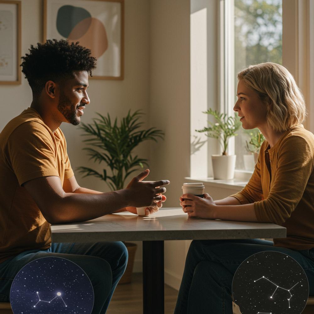 Güneşli bir ortamda samimi bir sohbete dalmış iki kişi.