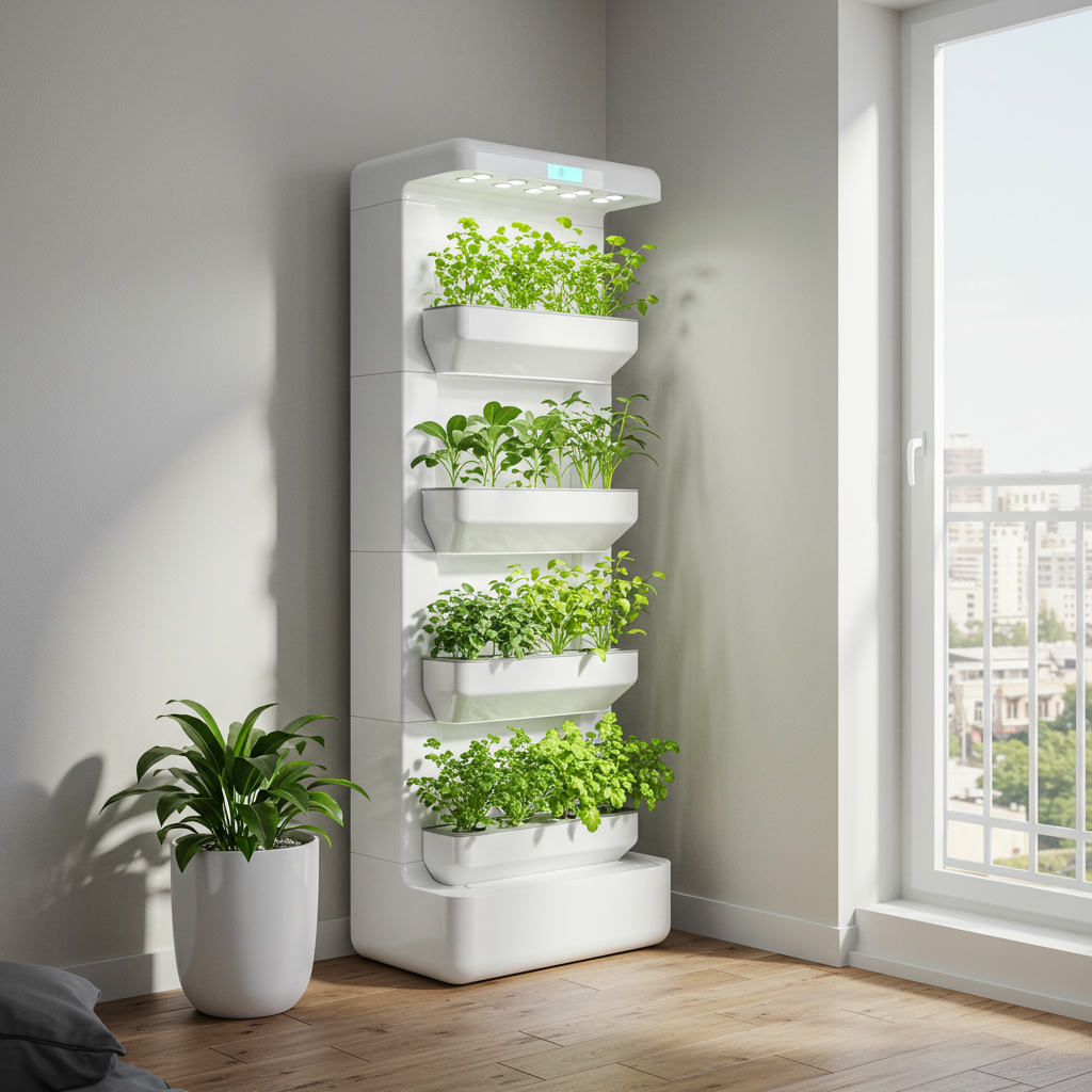 A realistic and clean image of a compact, vertical hydroponic system positioned in a small, urban apartment setting. It could be on a bright balcony, against a kitchen wall, or in a well-lit corner. The system holds several tiers of thriving small plants like herbs (e.g., parsley, cilantro) and possibly a few small leafy greens. The design of the system is modern and integrated, suggesting efficient use of space. The background shows hints of a minimal apartment interior or an urban view, reinforcing the idea of 'limited space, maximum yield', realistic and minimal.