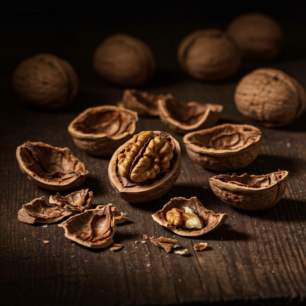 Yeni hasat edilmiş cevizlerin rustik, koyu ahşap bir masa üzerine dağılmış natürmort fotoğrafı. Birkaç ceviz kırılmış durumda ve kabuk parçalarına yapışmış ince, koyu, kağıt gibi malzeme (ceviz perdesi) açıkça görülüyor.