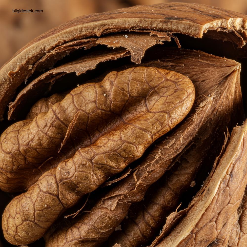 Çatlamış ceviz kabuğunun içindeki lifli, koyu kahverengi, ince ceviz perdesinin aşırı yakın çekim, ayrıntılı makro fotoğrafı.